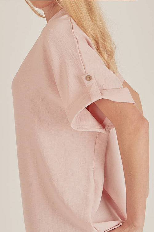 Shopin LA - SPT5211. WOMEN SHORT BUTTON SLEEVE FRONT SLIT LOOSE FIT TOP