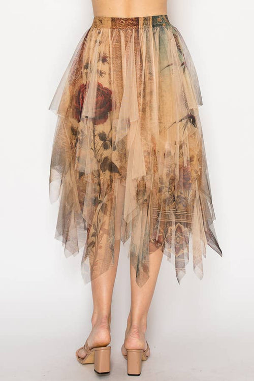 Origami Apparel ~  Lace and Crochet inspired - Dreamy Tiered Tulle Midi Skirt With Floaty Hem - 4546TP VINTAGE BIRD
