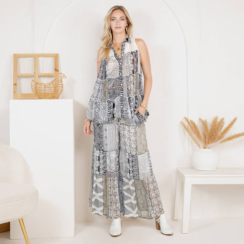 Young Threads - Boho Patchwork Set: Buttondown Top & Flared Pants