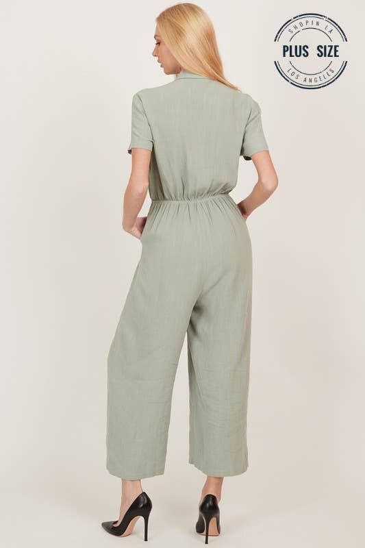 Shopin LA - CSP9220P - PLUS BUTTON UP FRONT POCKET COLLARED JUMPSUIT