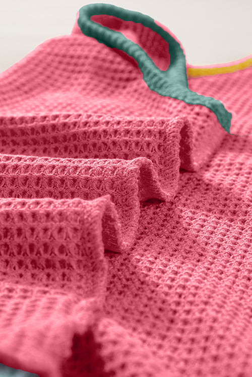 Rose Red Color Block Patched Pocket Waffle Knit Tank Top