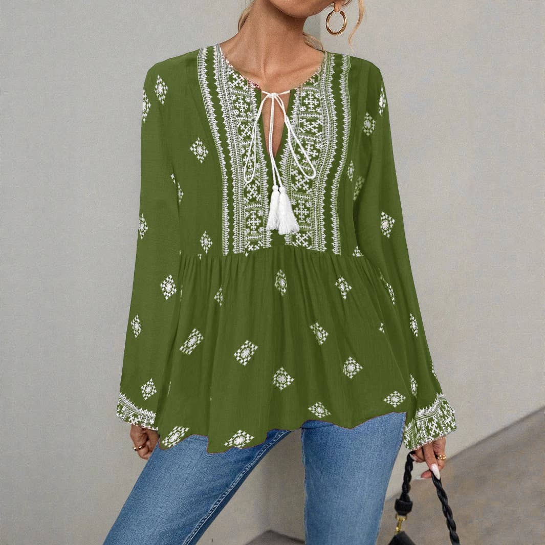 Hope & Sunshine - Boho Lantern Sleeve Tie-Neck Blouse
