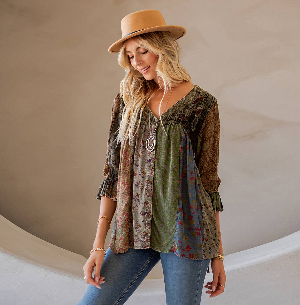 Young Threads - Vintage Bohemian : Patchwork Velvet Top (New Color)