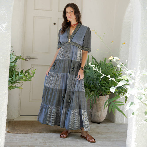 Young Threads - Eclectic Charm: Stone-Washed Rayon V-Neck Long Dress New