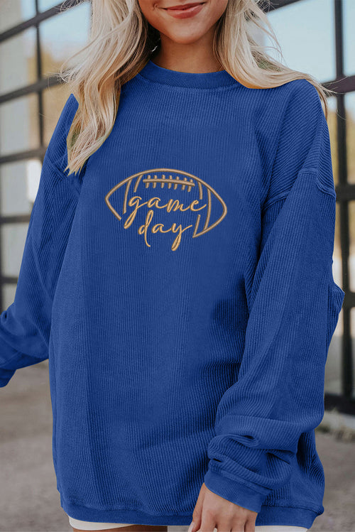 White Football Graphic Game Day Embroidered Corded Sweatshirt