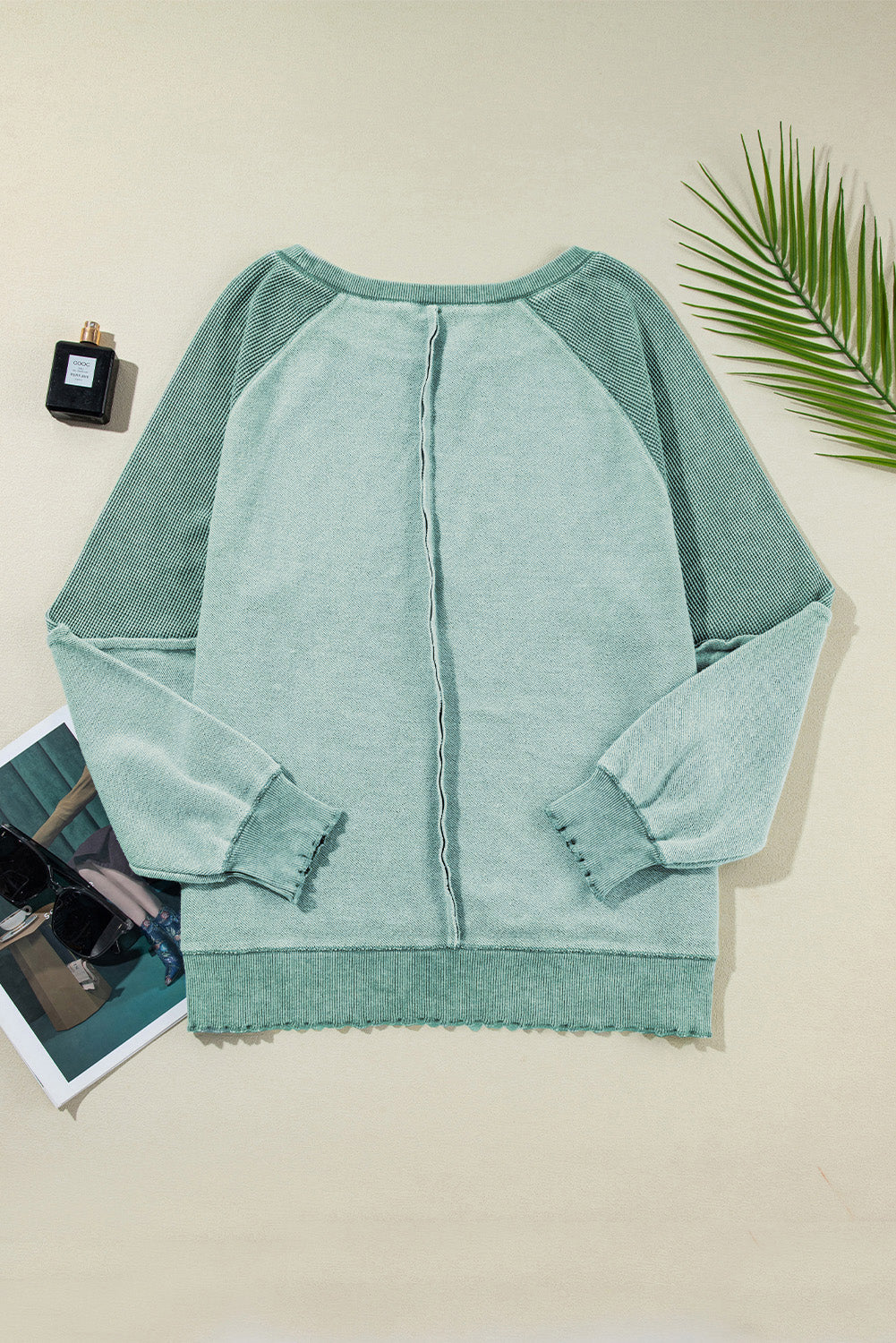 Orchid Petal Waffle Patchwork Raglan Sleeve Exposed Seam Sweatshirt