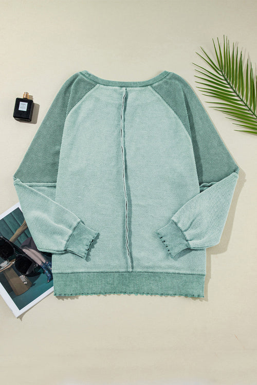 Orchid Petal Waffle Patchwork Raglan Sleeve Exposed Seam Sweatshirt