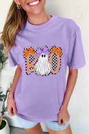 Wisteria Boo Checkered Ghost Heat Transfer Printing Crewneck Graphic Tee