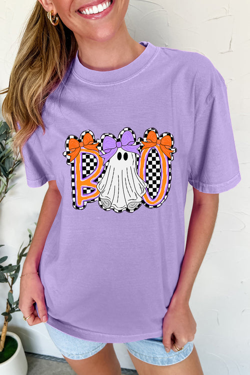Wisteria Boo Checkered Ghost Heat Transfer Printing Crewneck Graphic Tee