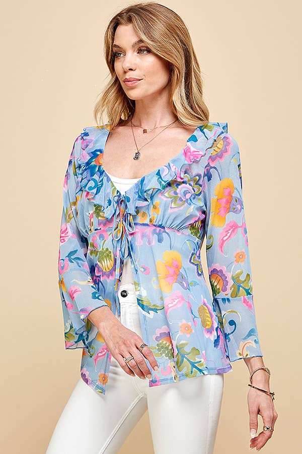 Shopin LA - ST4069 WOMEN MESH FLORAL TIE FRONT BELL SLEEVE TOP