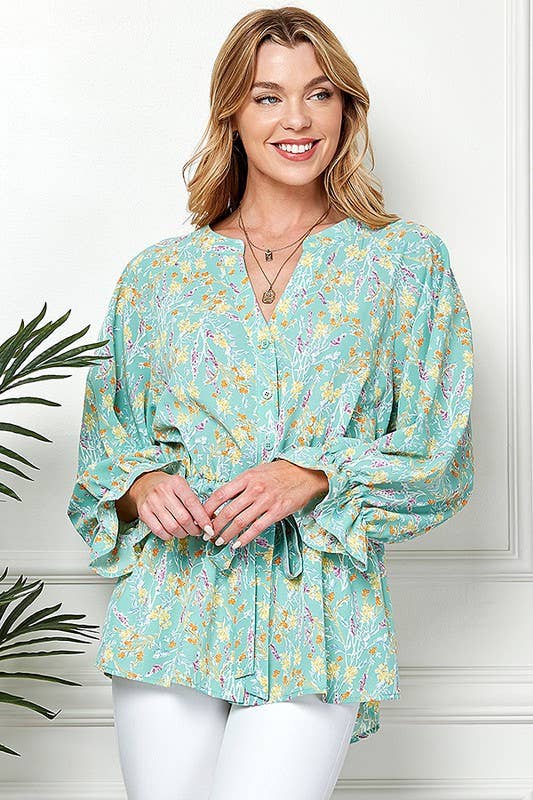 Shopin LA - CSP9143. - WOMEN MULTI COLOR RUFFLE DRAWSTRING BUTTON TOP