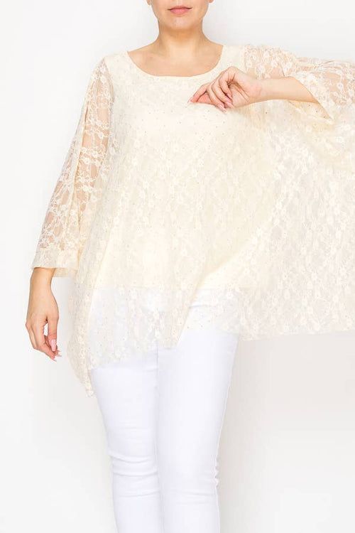 Origami Apparel ~  Lace and Crochet inspired - Subtly Glam Lace Overlay Top With Lining & Sparkles - 4853BEIGE