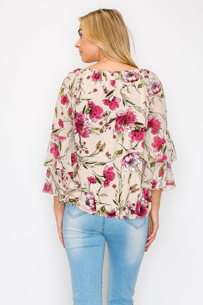Perseption - Scoop Neck Double Ruffle Flounce Sleeve Blouse