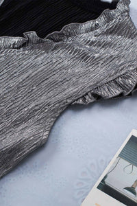 Black Frilled V Neck Metallic Crinkle Sleeveless Blouse