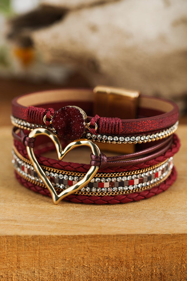 Fiery Red Valentine Rhinestone Heart Layered Bracelet