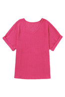 Bright Pink Textured Rolled Short Sleeve V Neck Blouse