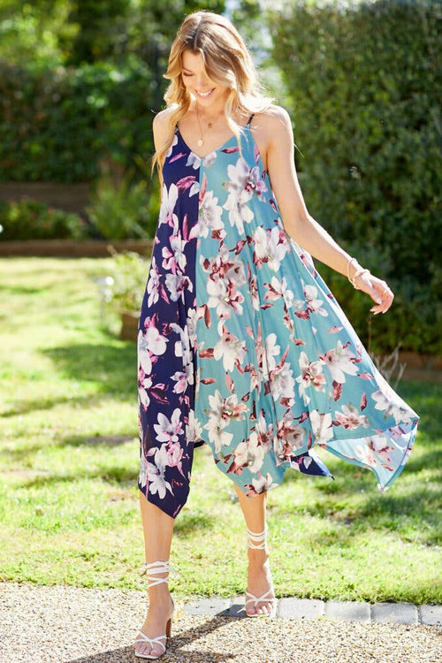 Shopin LA - SPD7002 - WOMEN FLORAL COLOR BLOCK SLEEVELESS DRESS