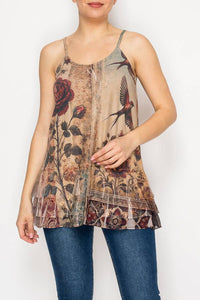 Origami Apparel ~  Lace and Crochet inspired - Adjustable Relaxed Cami Tank With Layered Ruffled Trim - T14TP VINT BIRD