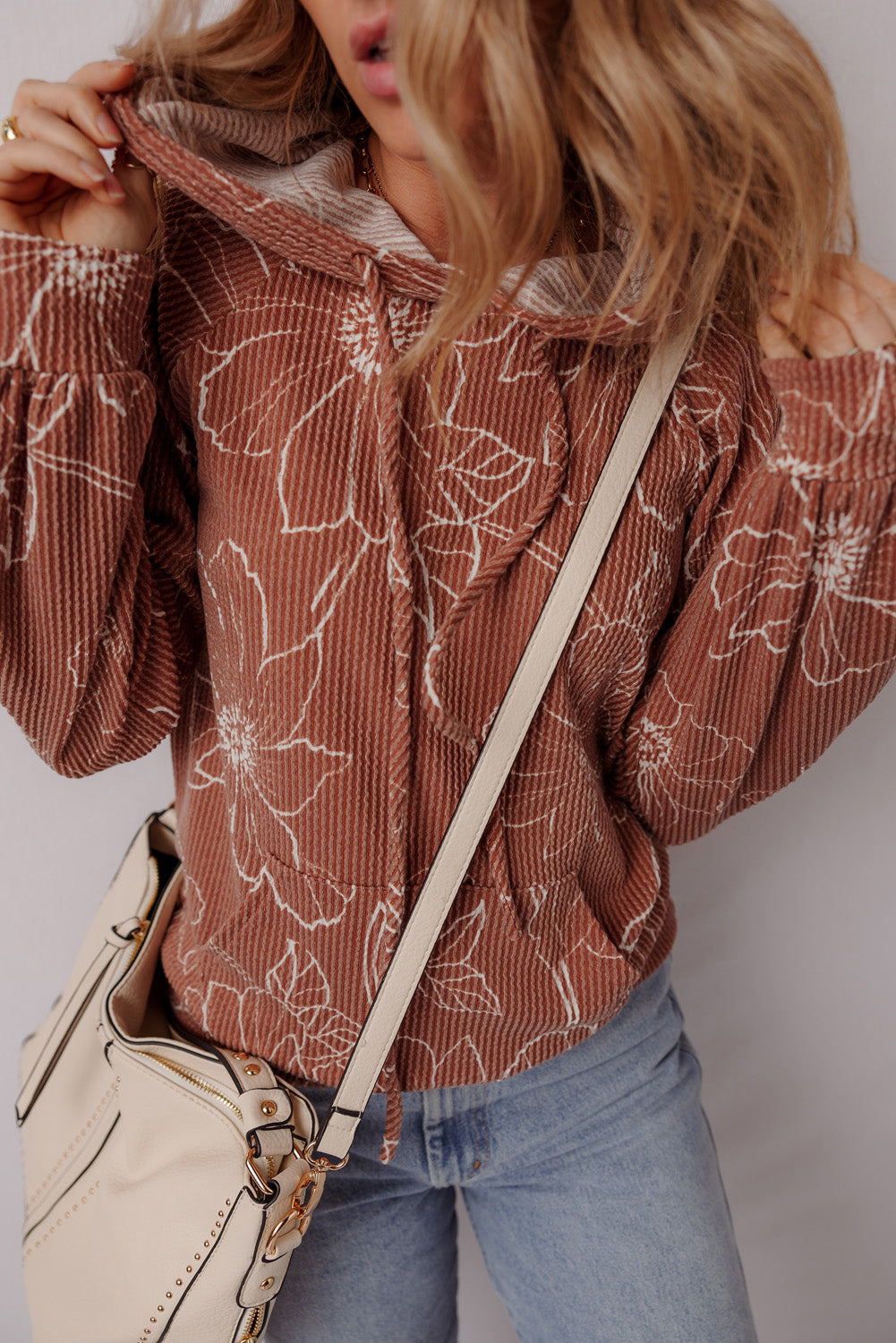 Brown Floral Twisted Rib Drawstring Kangaroo Pocket Hooded Top