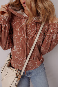 Brown Floral Twisted Rib Drawstring Kangaroo Pocket Hooded Top