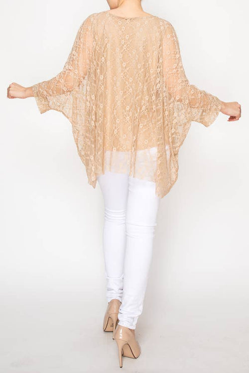 Origami Apparel ~  Lace and Crochet inspired - Subtly Glam Lace Overlay Top With Lining & Sparkles - 4853TAUPE