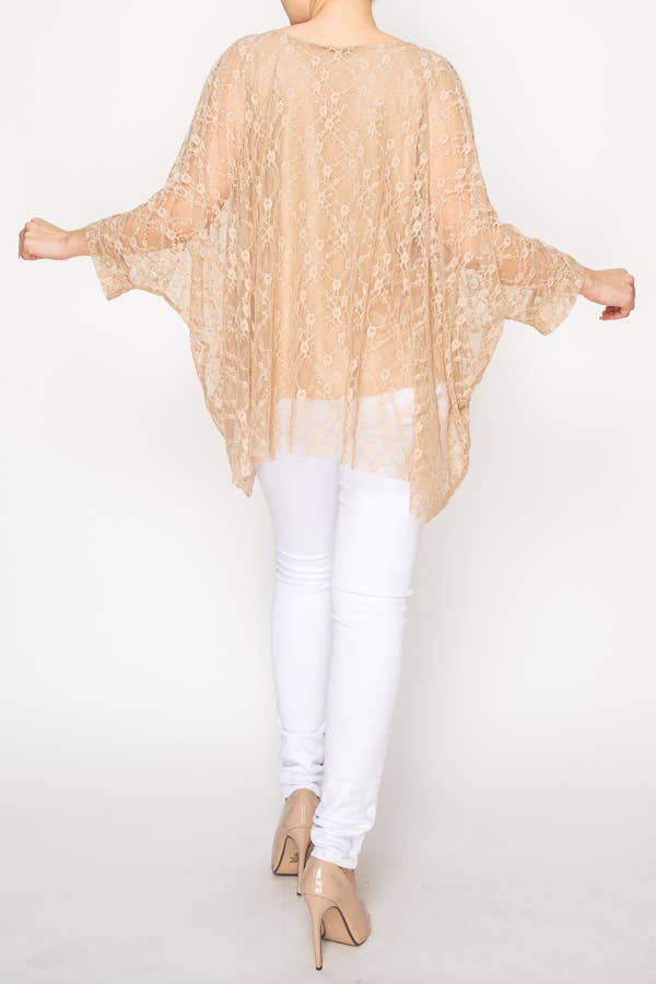 Origami Apparel ~  Lace and Crochet inspired - Subtly Glam Lace Overlay Top With Lining & Sparkles - 4853TAUPE