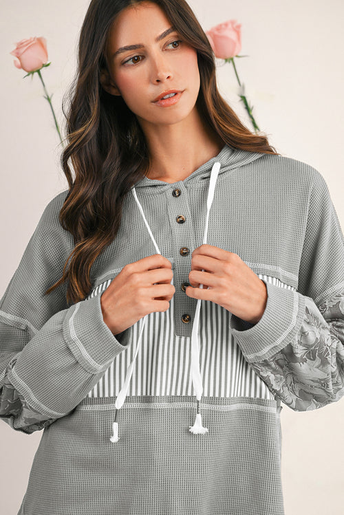 Gray Waffle Patchwork Drawstring Hooded Long Sleeve Top