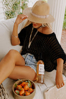 Apricot Fishnet Knit Ribbed Round Neck Short Sleeve Tee