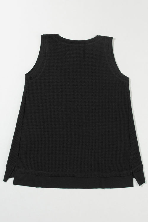 Black Scoop Neck Waffle Knit Splicing Flowy Vest