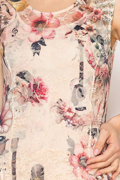 Origami Apparel ~  Lace and Crochet inspired - Whimsical Sleeveless Lace Midi Dress With Unattached Slip - 4609BG PK GUITAR