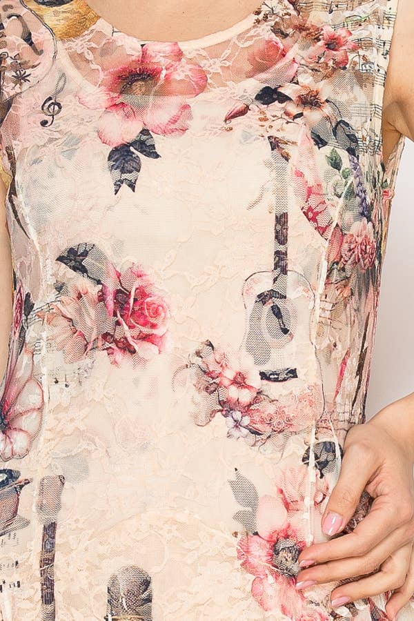 Origami Apparel ~  Lace and Crochet inspired - Whimsical Sleeveless Lace Midi Dress With Unattached Slip - 4609BG PK GUITAR