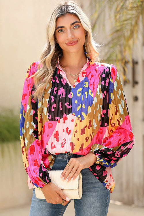 Orange Leopard Print Puff Sleeve Crinkle Blouse