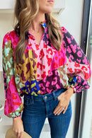 Orange Leopard Print Puff Sleeve Crinkle Blouse