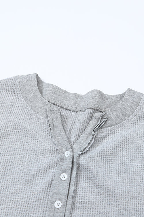 Brown Solid Color Waffle Knit Long Sleeve Henley Shirt