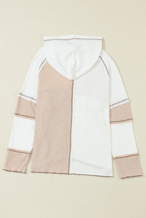 Gray Exposed Seam Ribbed Henley Hooded Long Sleeve Top