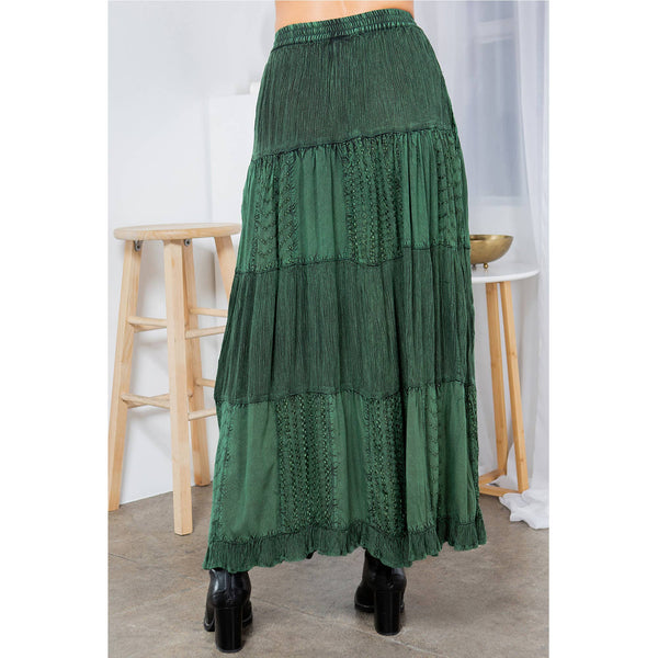 Young Threads - Retro Chic Crinkled Tiered Green Skirt With Mixed Embroidery Patch