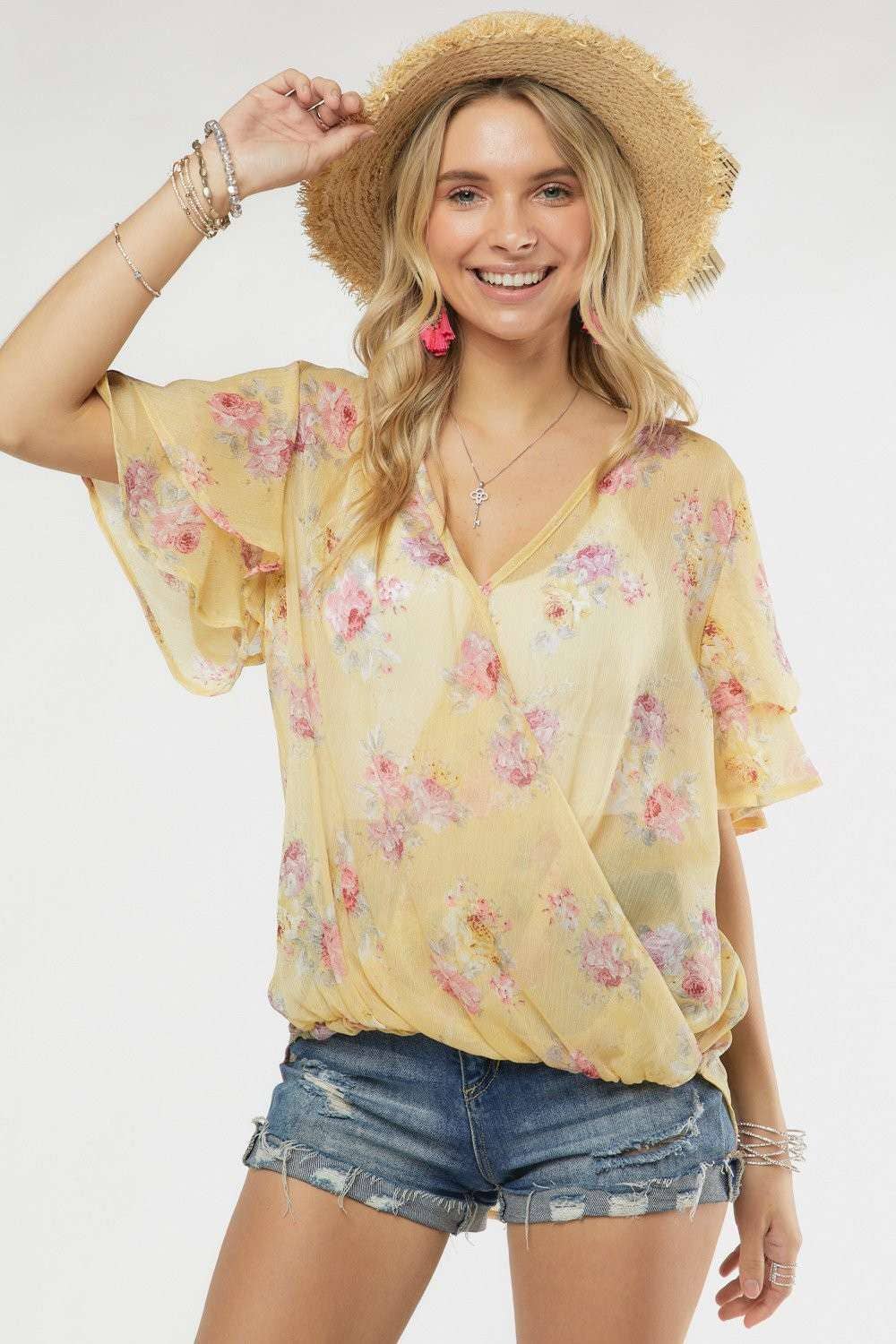 Madelyn - LYT14199A-PRINTED CROSS OVER FLARE SLEEVE TOP