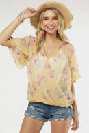 Madelyn - LYT14199A-PRINTED CROSS OVER FLARE SLEEVE TOP