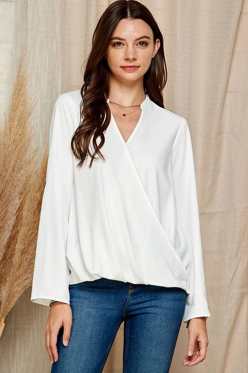 Shopin LA - SP4732T-24926- WOMEN SOLID WRAP CROSSOVER BLOUSE