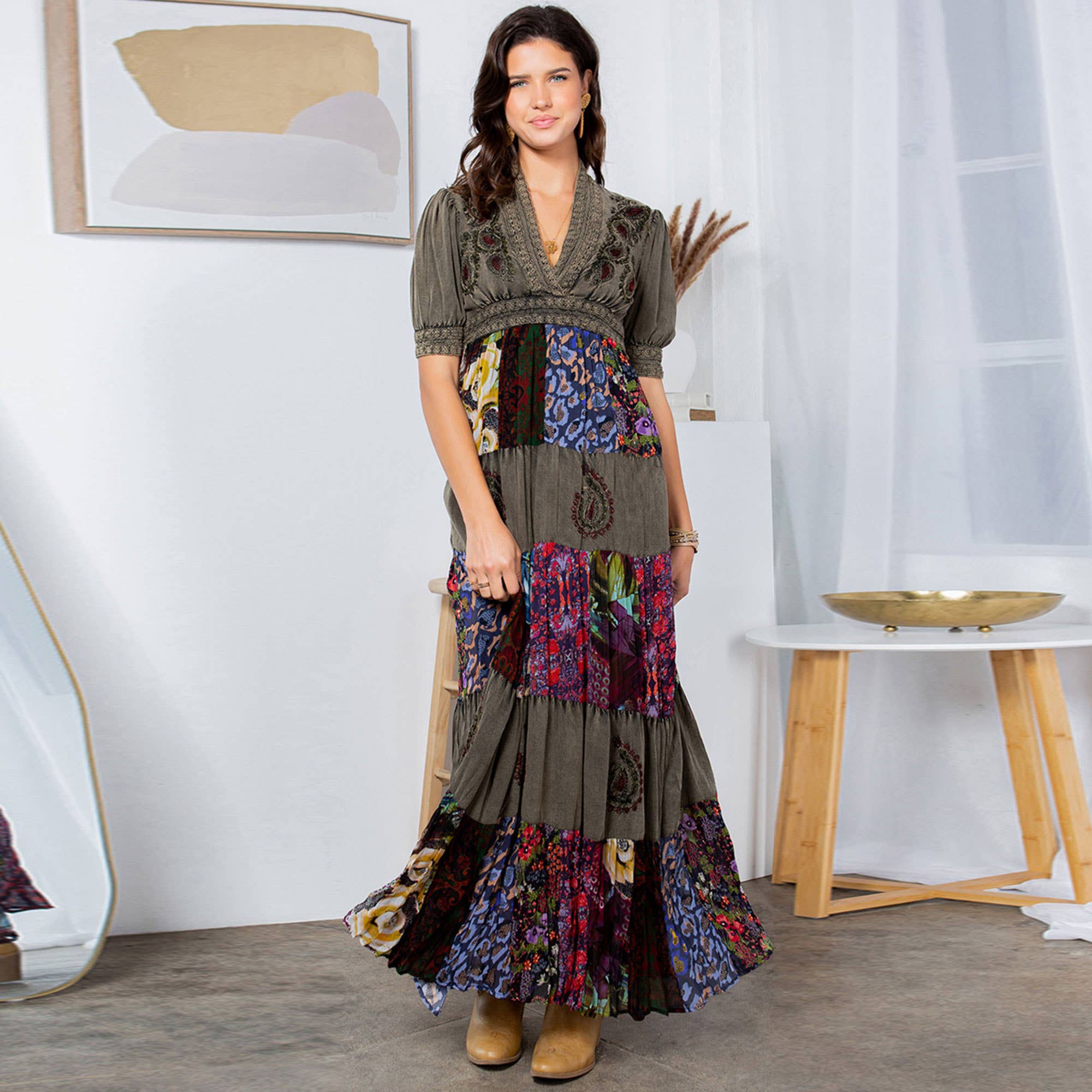 Young Threads - Eclectic Charm: Stone-Washed Rayon V-Neck Long Dress New