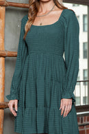 Brown Long Sleeve Smocked Tiered Boho Dress