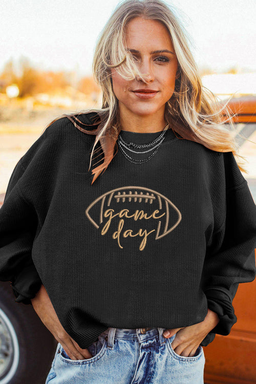 White Football Graphic Game Day Embroidered Corded Sweatshirt