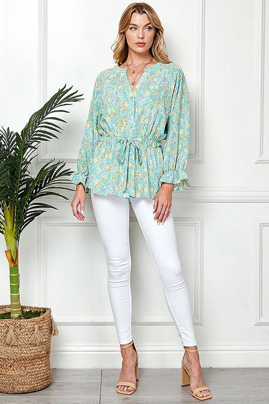 Shopin LA - CSP9143. - WOMEN MULTI COLOR RUFFLE DRAWSTRING BUTTON TOP