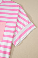 Pink Stripe Colorblock Patched Pocket V Neck Plus Size Tee