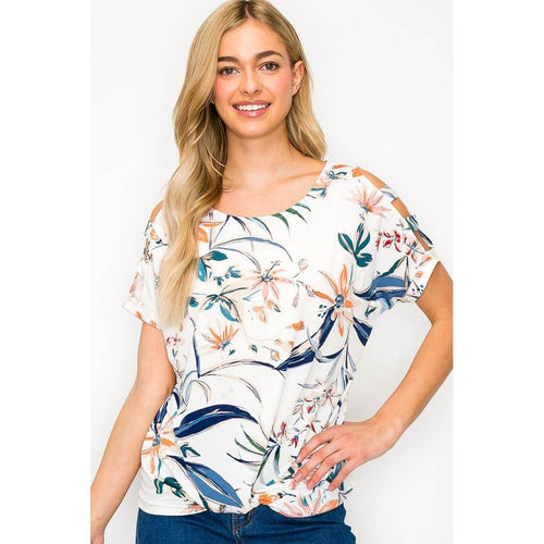Perseption - Knot Front Cold Shoulder Short Sleeve Printed Top