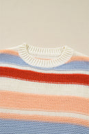 Pink Striped Colorblock Round Neck Drop Shoulder Sweater