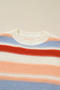Pink Striped Colorblock Round Neck Drop Shoulder Sweater