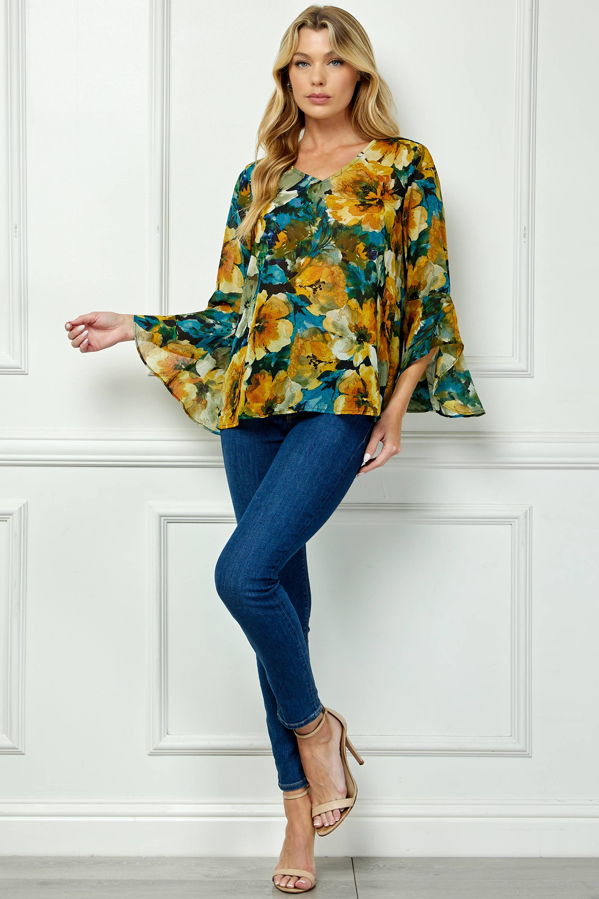 Winslow Collection - RUFFLE SLEEVE V-NECK SWING BLOUSE