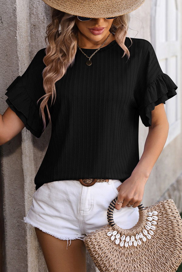 Orchid Solid Color Textured Layered Ruffle Sleeve T Shirt