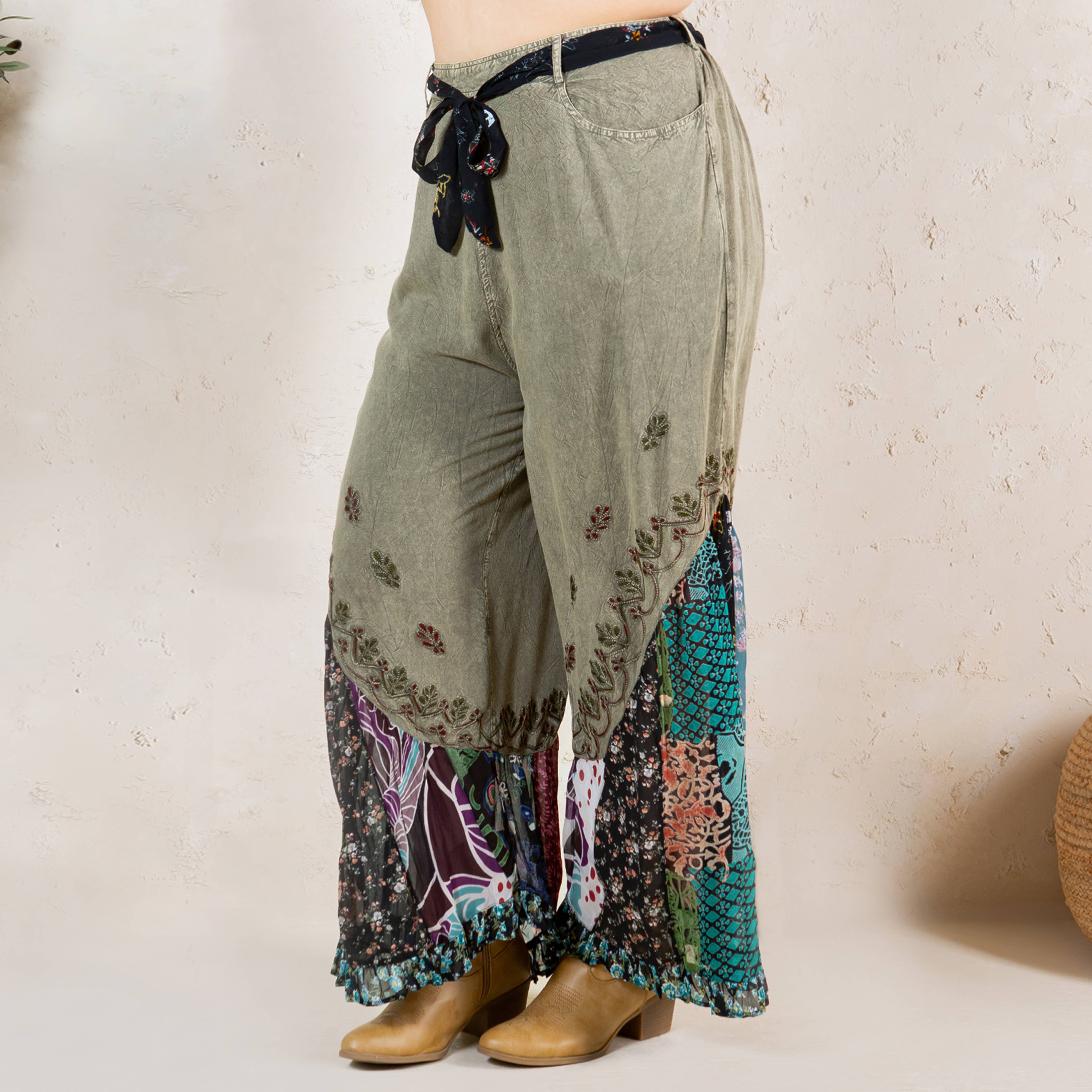 Young Threads - Boho Overdyed Rayon Bellbottom Pants : Gravel / PLUS (XL-1X-2X-3X 1-2-2-1)